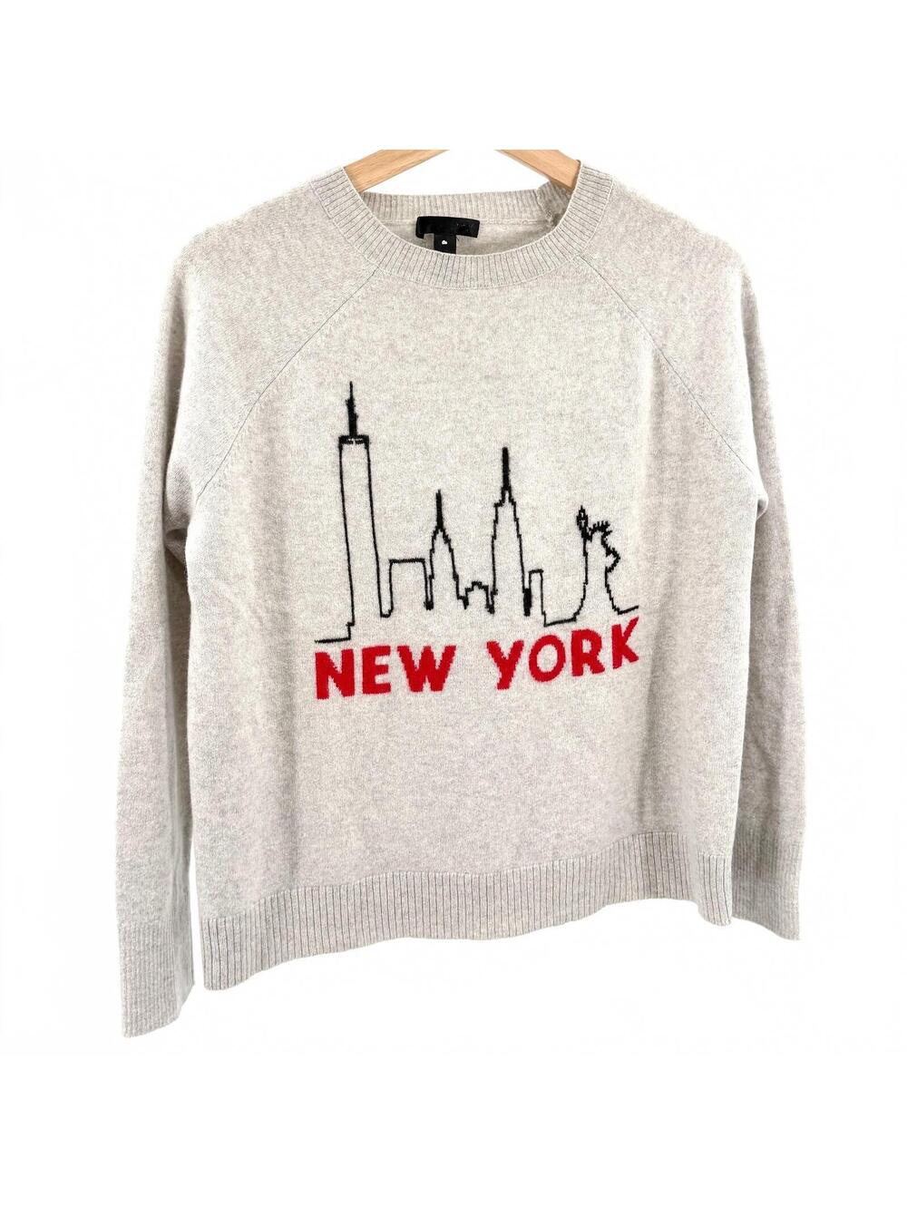 Aqua Gray 100% Cashmere New York Skyline Crewneck Sweater